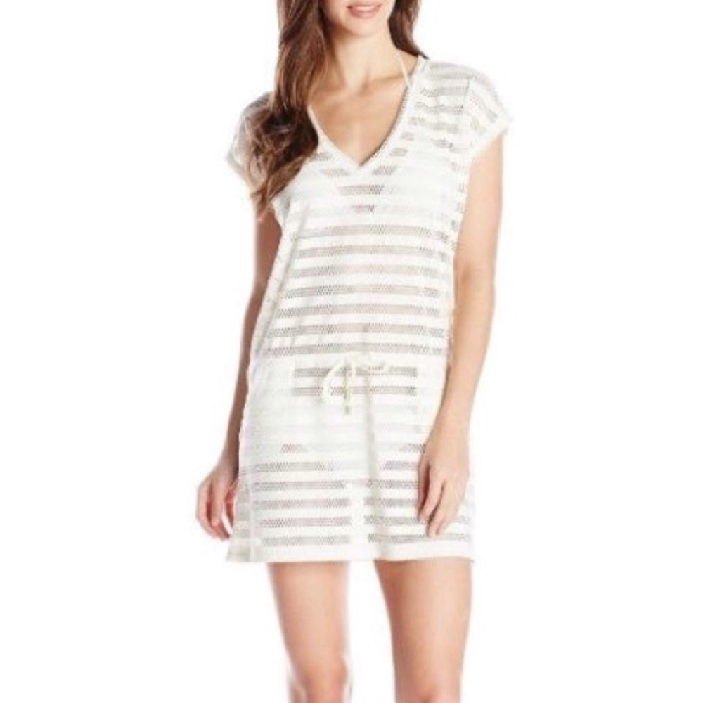 Calvin Klein Sheer White Striped Short Sleeve Swim Cover Up Womens Size L